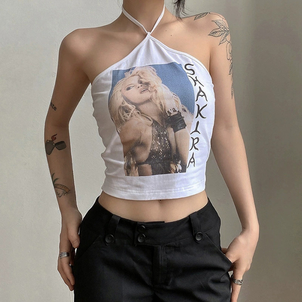 ZARA Summer Halter Backless Crop Top Figure Print Slim Fit